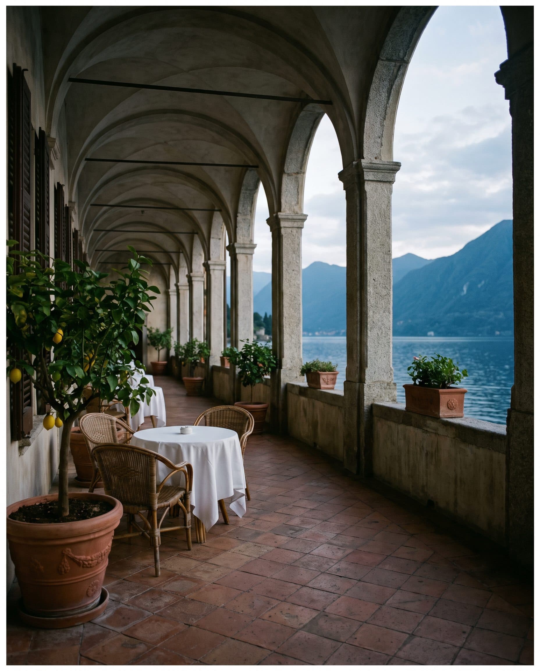 A stone loggia of a lakeside hotel, a table laid beneath the arches