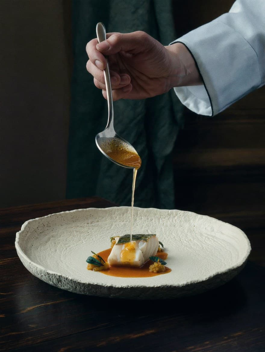 Un chef salseando un trozo de pescado blanco en un plato artesanal